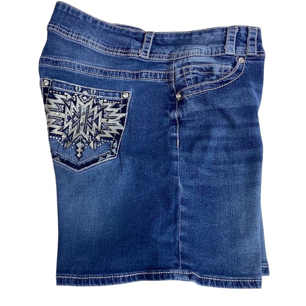 Copper Flash Women's Size 14 CURVY Blue Denim Mini‎ Skirt Embroidered Pockets